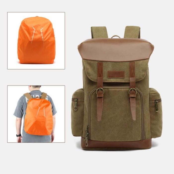 FB001 Vintage crazy horse leather waxed canvas laptop backpack - Image 8